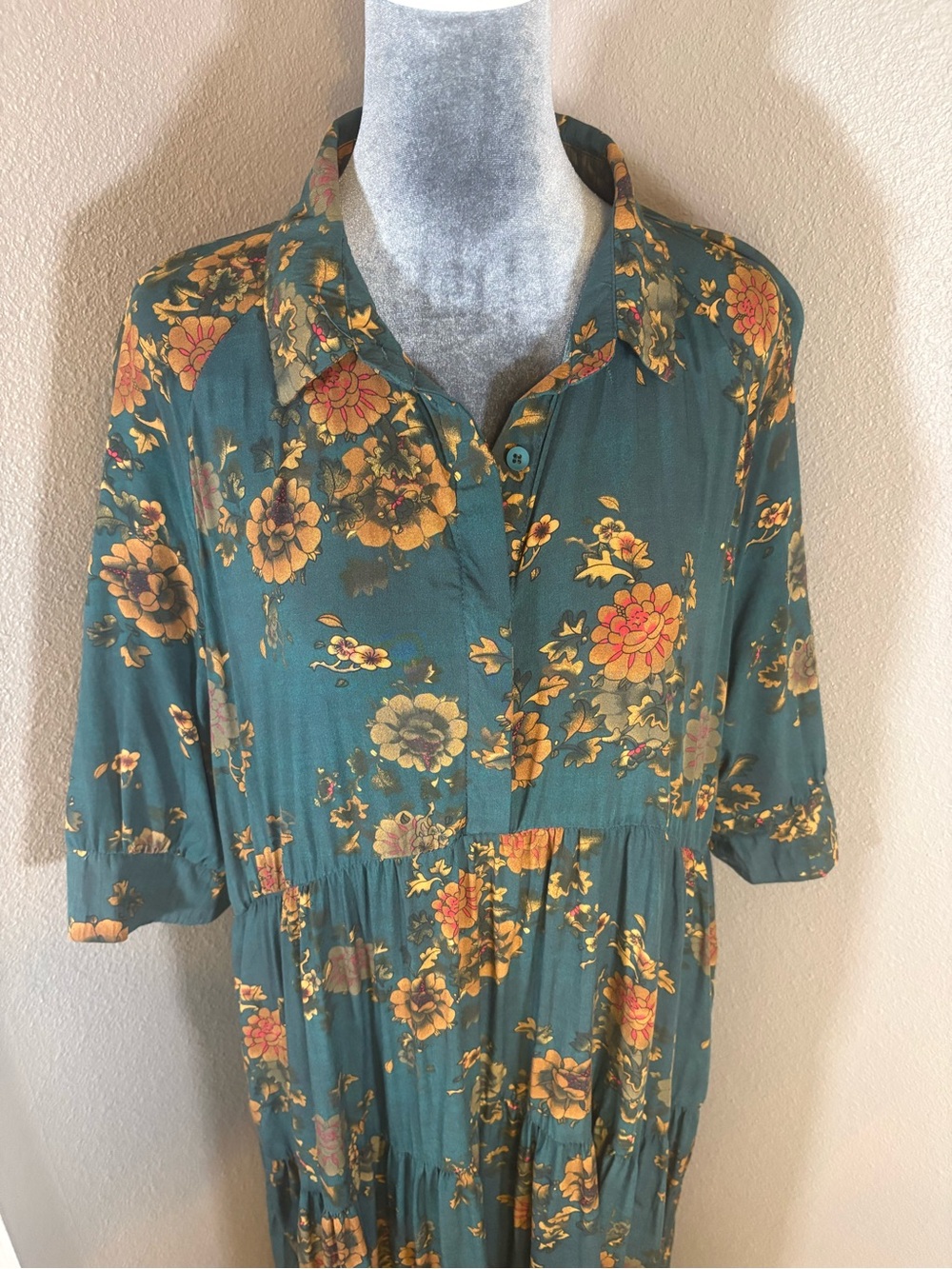 NATURAL LIFE Teal Floral Button-Front Tiered Midi Dress Size XL - Picture 3 of 12
